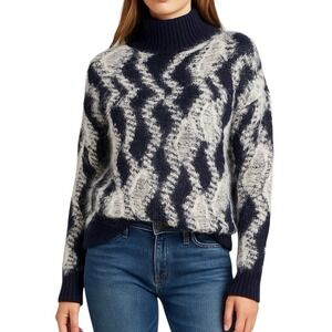 VIGOSS Women's Mock Neck Sweater Size S Navy White Fuzzy Eyelash Knit NWT